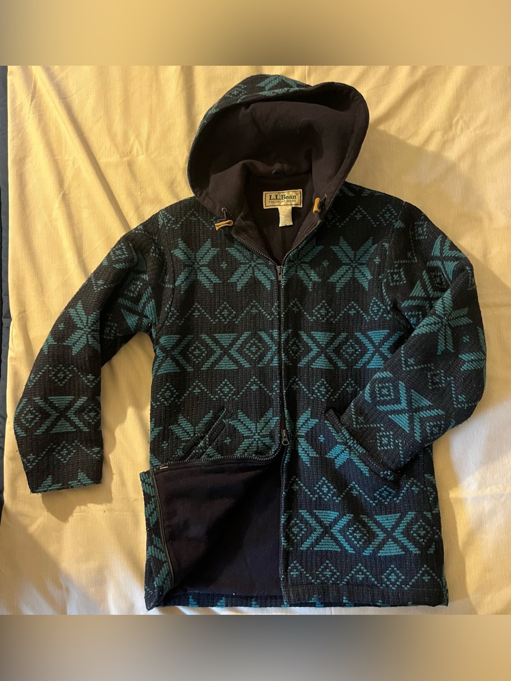 Vintage L.L. Bean Women’s Teal & Navy Wool Hooded Zip Jacket
